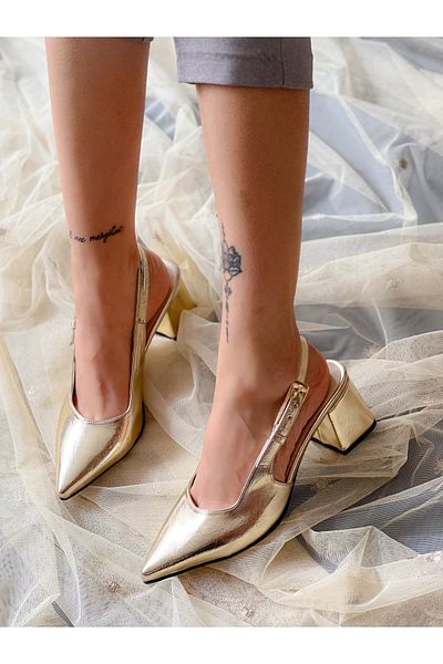 BERFONA Tomi̇ Gold Metal 5 cm Heel Sandals Shoes