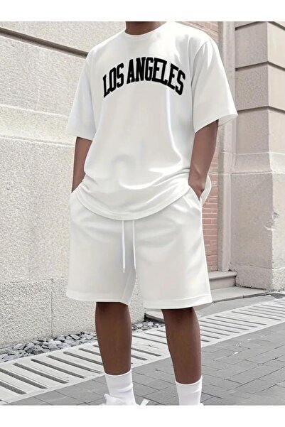 Framgan Erkek/Kadın Los Angeles Baskılı Beyaz Şort T-Shirt Takım