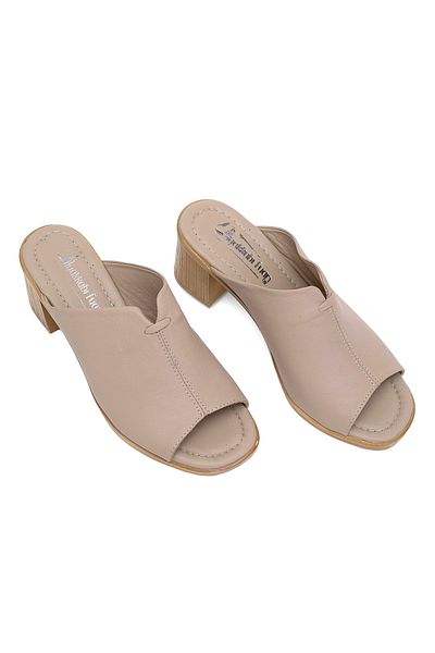 Ayakkabı Fuarı Beige Heeled Slippers - Women's Genuine Leather Elite Koc22-10