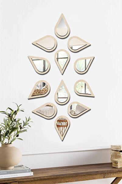AHWART Su Damlası Dekoratif Ayna Seti Ahşap 12 Adet Pleksi Ayna