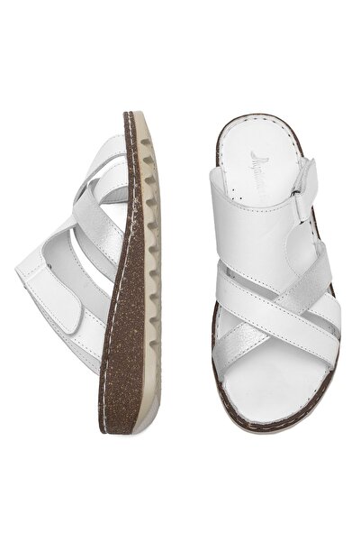 Ayakkabı Fuarı Elit Rhm012 Γυναικείες Γνήσιες Δερμάτινες Ορθοπεδικές Επίπεδες Παντόφλες Λευκές