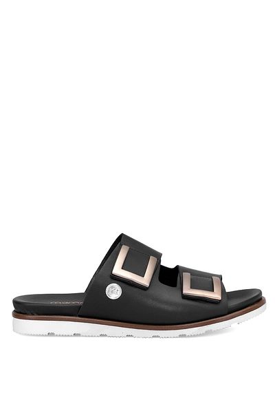 Mammamia Women's Black Genuine Leather Flat Slippers D25Yt-1235
