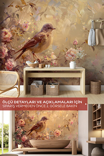 Pluswall Kendinden Yapışkanlı Pastel Tonlarda Çiçekler ve Kuş Temalı Sanatsal...