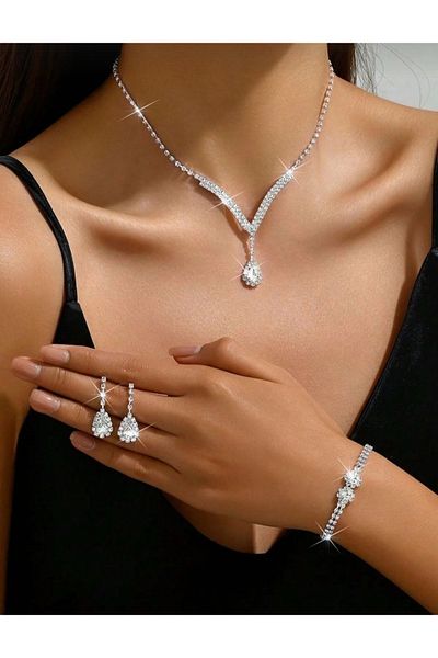 Mihra Aksesuar V Model Necklace Earrings Bracelet Set of Three White Stone Choker