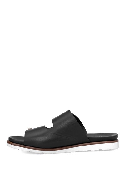 Mammamia Γυναικείες μαύρες γνήσιες δερμάτινες φλατ παντόφλες D25YT-1235