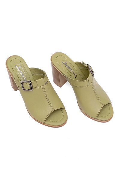 Ayakkabı Fuarı Women's Genuine Leather Heeled Slippers - Elit Koc17-03 Green