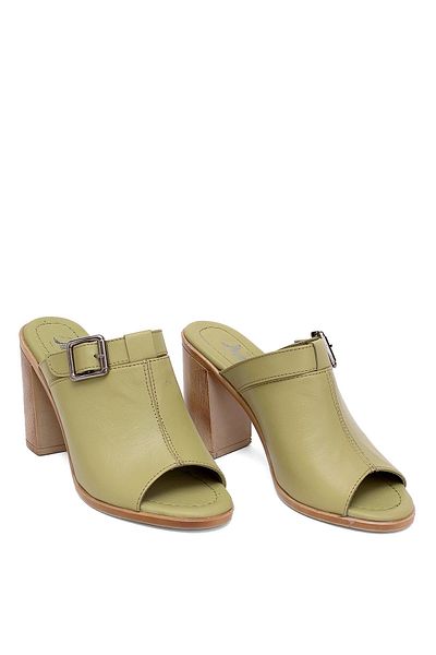 Ayakkabı Fuarı Women's Genuine Leather Heeled Slippers - Elit Koc17-03 Green