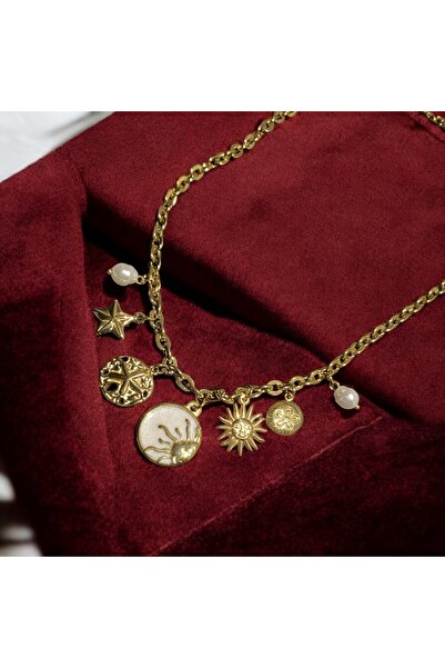 rafiel Altın Rengi Çelik Zincir Çoklu Charm Kolye (Güneş, Yıldız, İnci)