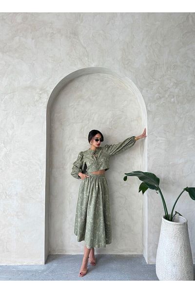 HARVESSE Light Khaki Embroidered Linen Skirt Offering Modern Elegance