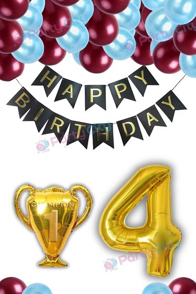 Party City 4 Years Old Fan Burgundy-Blue Balloon Themed Party Set - Mug Foil Balloon Birthday Celebration