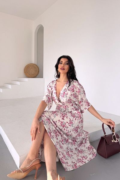 Pek Moda Rochie de seară lungă cu model floral fucsia roz crem pentru femei cu fustă cu volan Rochie de vară de absolvire