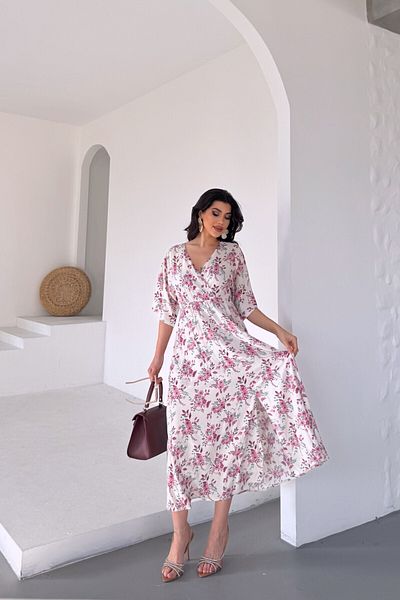 Pek Moda Rochie de seară lungă cu model floral fucsia roz crem pentru femei cu fustă cu volan Rochie de vară de absolvire
