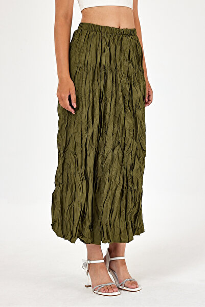 Pek Moda Women's Khaki Pleated Crinkle Fabric Maxi Skirt Crush Flared Effect Long Skirt