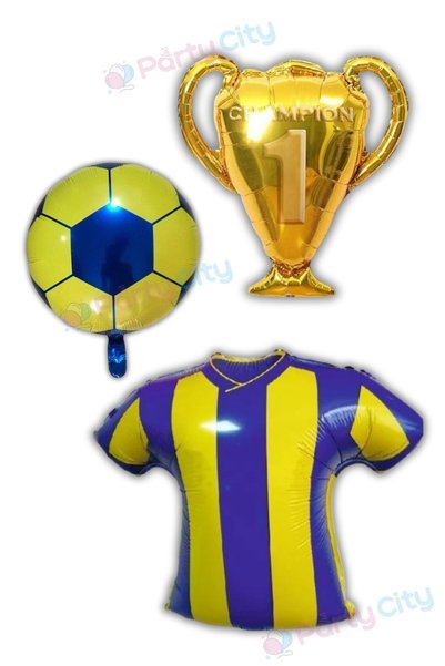 Party City Taraftar Sarı Lacivert Forma Top Folyo Balon Kupa Champion Folyo B...
