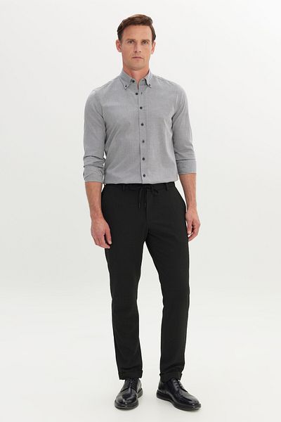ALTINYILDIZ CLASSICS Men's Black Slim Fit Narrow Cut Seersucker Patterned Flexible Tie Waist Trousers