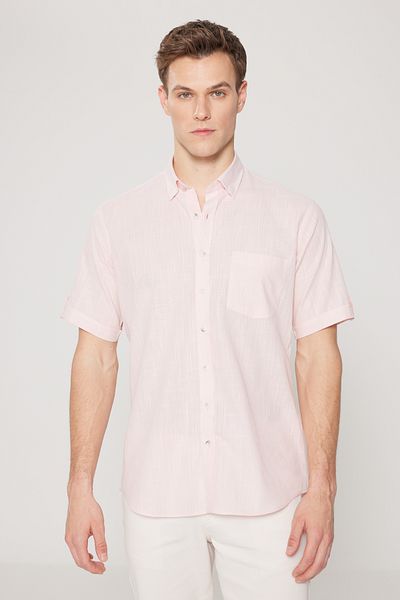 AC&Co / Altınyıldız Classics Men's Pink Comfort Fit Relaxed Cut Hidden Button Collar Linen Look 100% Cotton Flared Shirt