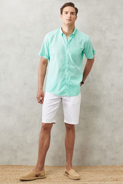 AC&Co / Altınyıldız Classics Men's Mint Comfort Fit Relaxed Cut Hidden Button Collar Linen Look 100% Cotton Flared Shirt