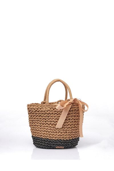 Kayra Contrast Colored Straw Bag - Camel-Black
