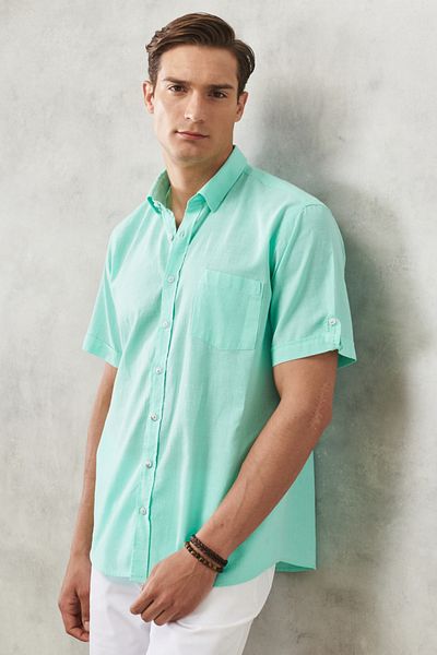 AC&Co / Altınyıldız Classics Men's Mint Comfort Fit Relaxed Cut Hidden Button Collar Linen Look 100% Cotton Flared Shirt