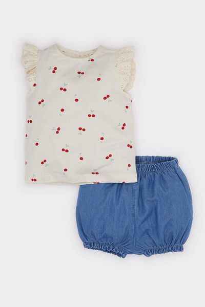 DeFacto Baby Girl 3-Piece Set Fruit Print Short Sleeve T-Shirt Soft Jean Shorts Headband E8363A525Sm