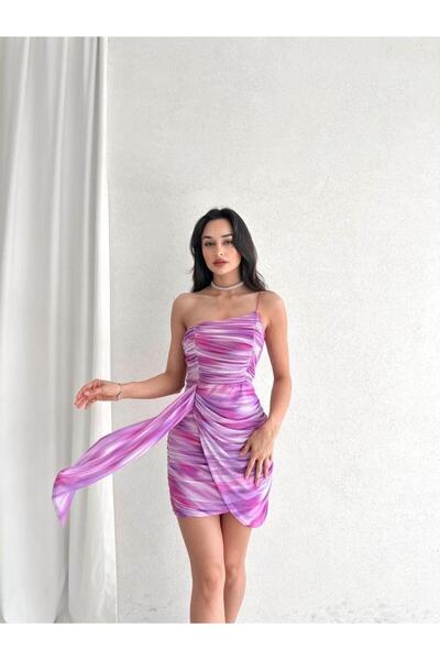 MİSSCİXFASHİON Tek Omuz Askılı Sarkıt Kumaş Detaylı Tül Lila Mini Elbise - Ab...