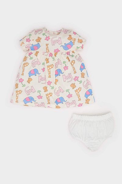 DeFacto Baby Girl 2 Piece Set Animal Patterned Ribbed Camisole Short Sleeve Dress Panties E8176A525Sm