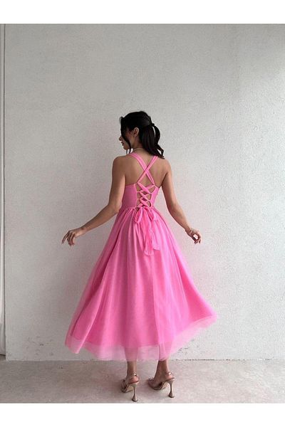 MİSSCİXFASHİON Tulle Detailed Crossed Low-cut Strap Midi Pink Dress