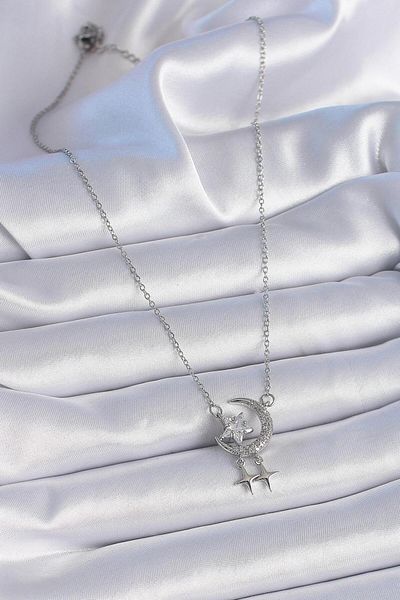 stainless steell 316L Steel Chain Silver Color Zircon Stone Crescent Model Star Detail Necklace