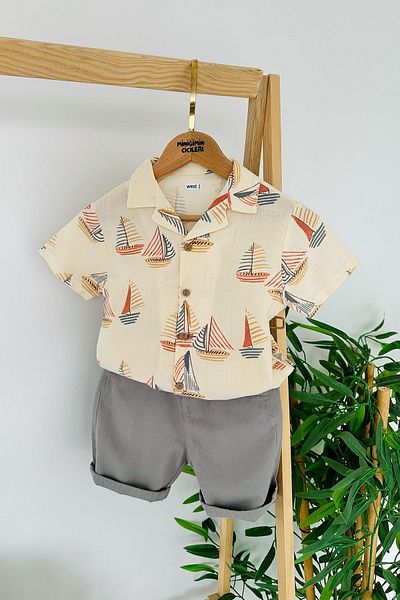Minigimin Cicileri My Little One's Cicileri Sailing Patterned Boy's Cotton Linen 2-Piece Set - Gray