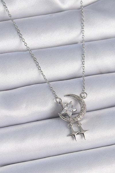 stainless steell 316L Steel Chain Silver Color Zircon Stone Crescent Model Star Detail Necklace