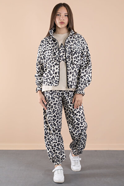 Cansın Mini Navy Blue Leopard Patterned Parachute Jacket and Crew Neck T-Shirt for Girls 3 Piece Set 20638