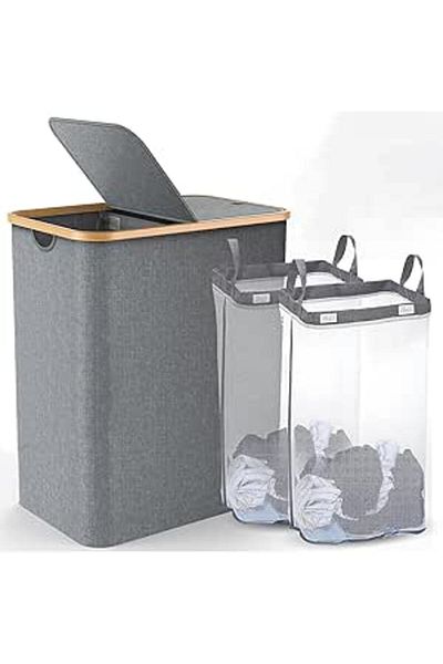 COOYA 150L Double Laundry Hamper with Lid, 2 Section Divided Foldable Laundry Hamper with Removable Bags