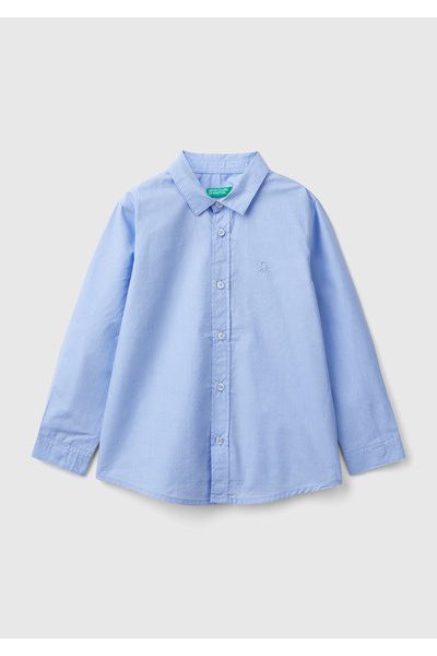 United Colors of Benetton Cămașă cu mânecă lungă Dobby pentru băieți, albastră, cu logo brodat pe piept