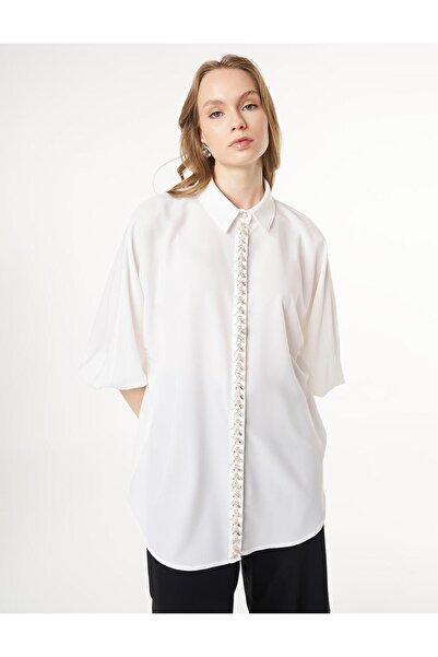 Kayra Patı İşlemeli Gömlek Yaka Tunik Ekru