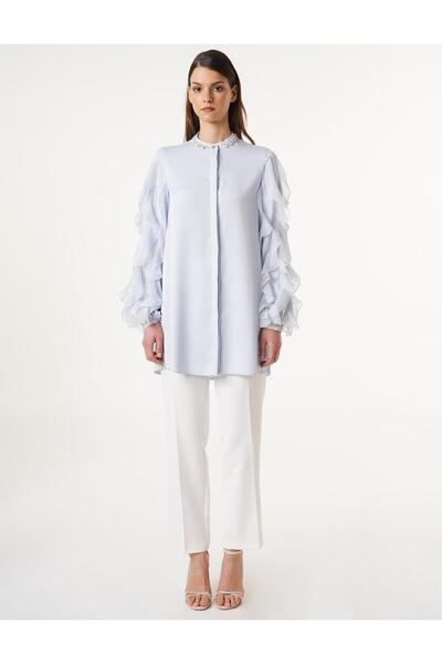 Kayra Kolları Fırfırlı Saten Tunik Mavi