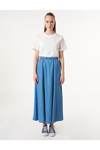 Kayra Beli Lastikli Lyocell Etek Mavi