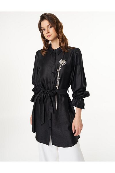 Kayra Black Belted Satin Tunic with Stone Workmanship
