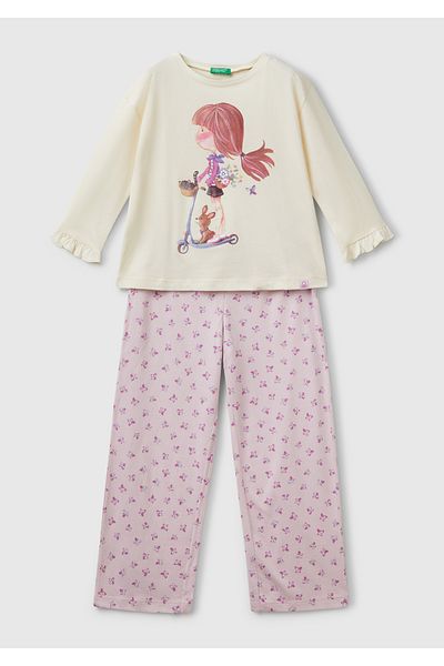 United Colors of Benetton Set de pijamale pentru fete, cu mâneci imprimate roz, cu volane și fund cu imprimeu