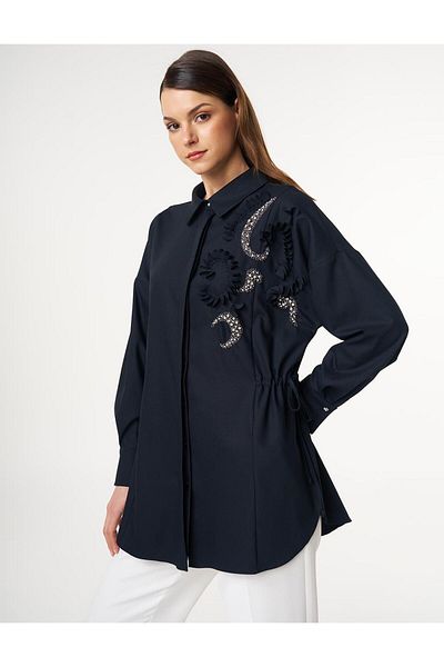 Kayra Embroidered Waist Shirred Tunic Dark Navy Blue