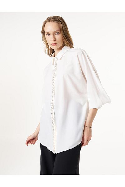Kayra Embroidered Ecru Shirt Collar Tunic