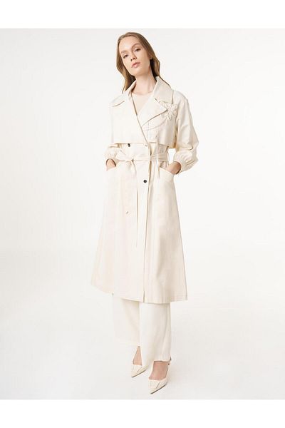 Kayra Floral Appliqued Belted Trench Coat Cream