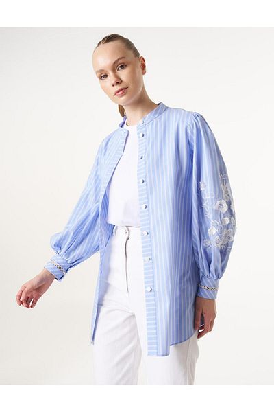 Kayra Havachi Blue Tunic - Λεπτομερής με ρίγες και κέντημα