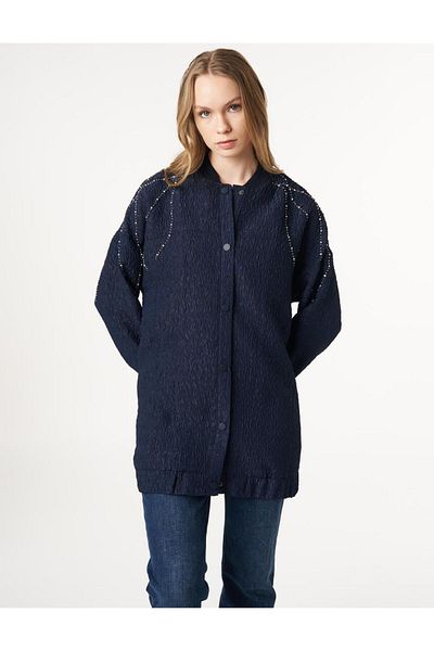 Kayra Μπουφάν με πέτρα κεντημένο Seersucker Dark Navy Blue