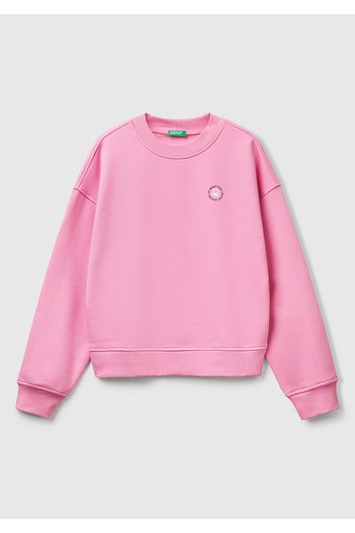 United Colors of Benetton Women's Pink Cotton Blend Logo Printed Crew Neck Sweatshirt