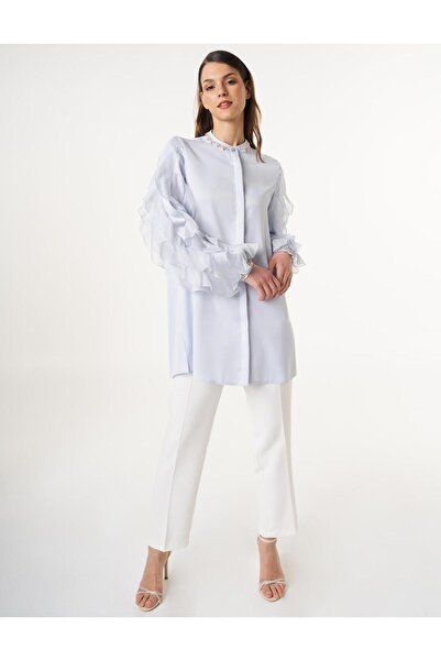Kayra Kolları Fırfırlı Saten Tunik Mavi