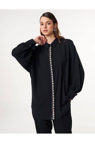 Kayra Black Collar Tunic - Embroidered Collar Shirt