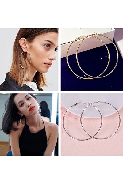 MutluBiDünya Vintage İki Adet Halka Küpe Seti 1 Çift Gold 1 Çift Gümüş Renk