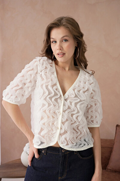 Park Karon Fır Fır Detail Buttoned Full Tulle Blouse