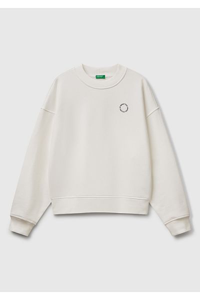 United Colors of Benetton Women's White Cotton Blend Logo Printed Crew Neck Sweatshirt