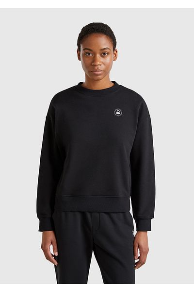 United Colors of Benetton Women's Black Cotton Blend Logo Printed Crew Neck Sweatshirt